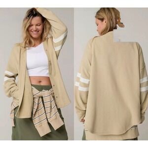 Offline by Aerie Varsity Snap Front Sweatshirt Cardigan Tan White Stripe Medium